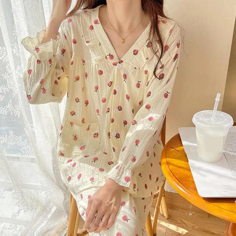 

V-Neck Pijamas Home Clothes 2Pcs Women Sleepwear Set Spring Long Sleeve Shirt&Pants Nightwear Lingerie Casual Pajamas Suit