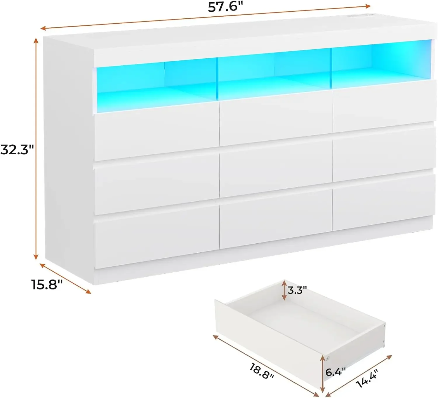 9 Drawer Dresser for Bedroom with LED Lights, Large Chest of Drawers Handle Free, Modern long Dressers with Charging Station 3
