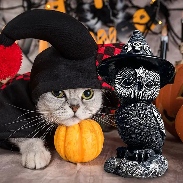 Halloween Party Mágikus Fekete Bagoly Művészet Gyűjthető Figura Boszorkány Kalap Díszek Szobor Állati - Image 4