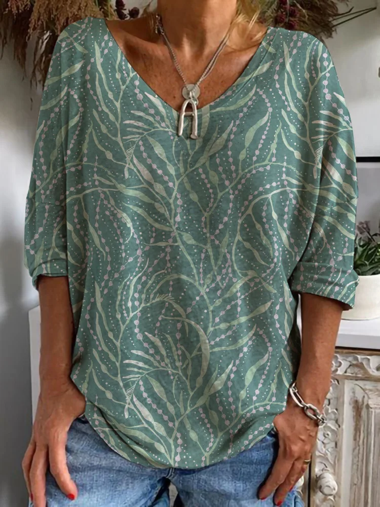 

Women's Clothing T-Shirts Casual V-neck Long Sleeve Loose Pullover Ethnic Digital Printing Fashion Women's Oversized T Shirt