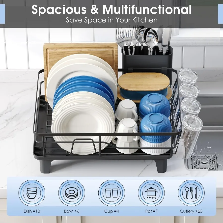 Dish Drainers for Kitchen Counter Large Capacity Dish Drying Rack with Drainboard Rustproof Sturdy Design Black Dish Rack Perfe