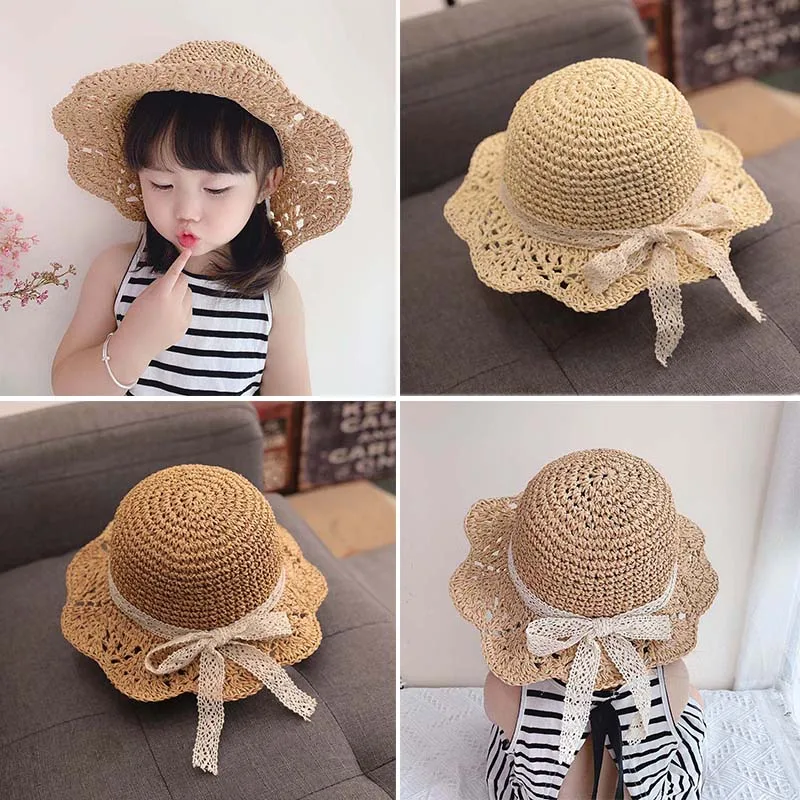 

Girls Summer Cap White Lace Ribbon Decorate Wavy Straw Hat for Girls Children Panama Hat Kids Sun Cap Baby Beach Hats Unisex