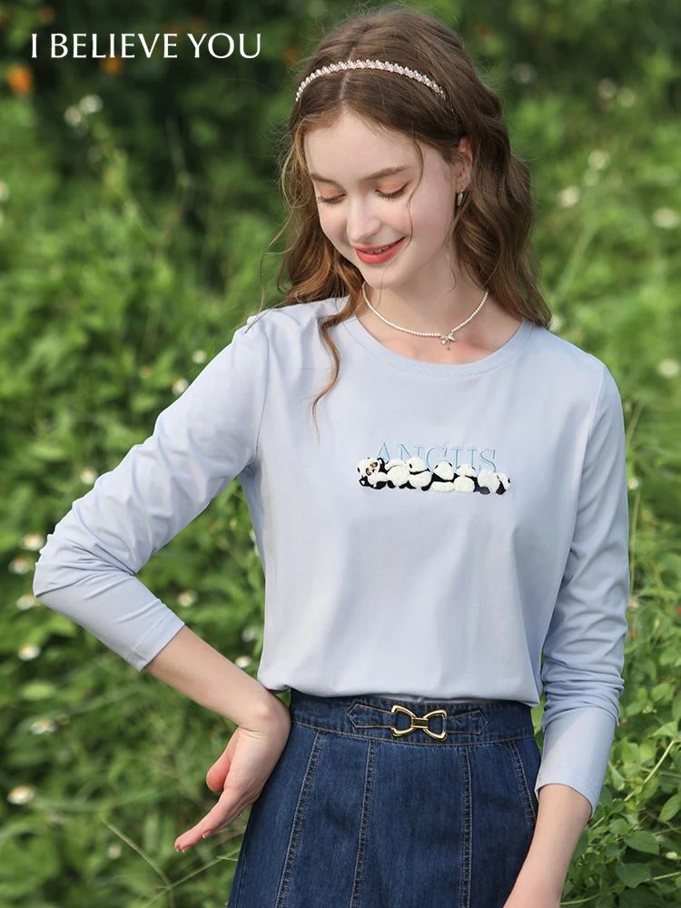 

I BELIEVE YOU Chic Long-sleeved T-shirts For Women 2024 Casual Panda Embroidery Spring New Internal Bottom Slim Shirt 2241015502