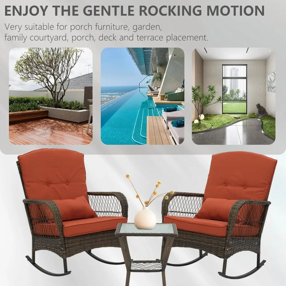 Outdoor Wicker Rocking Chairs, 3 Pieces Patio Furniture Rattan Rocker Chairs Wicker Rocking Bistro Set with Cushions and Side Ta 5