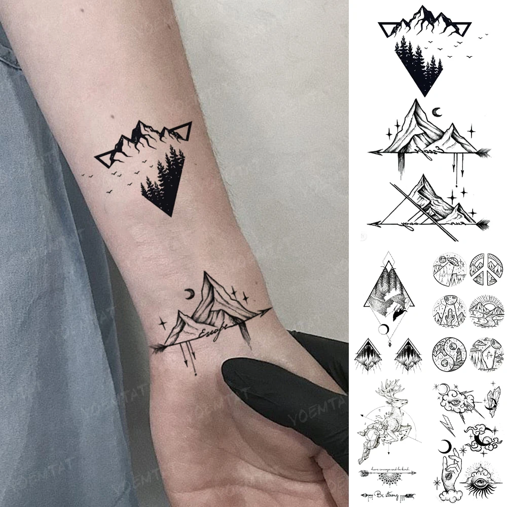 Translatable Waterproof Temporary Tattoo Sticker Mountain River Geometric Flash Tatto Men Women Child Wrist Body Art Fake Tatoo