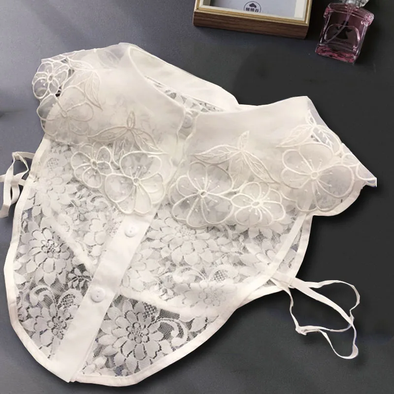 White Lace Fake Collar Women Detachable Collars Choker Beads False Collar Woman Fake Half Shirt Collar Remoable Faux Col Tie