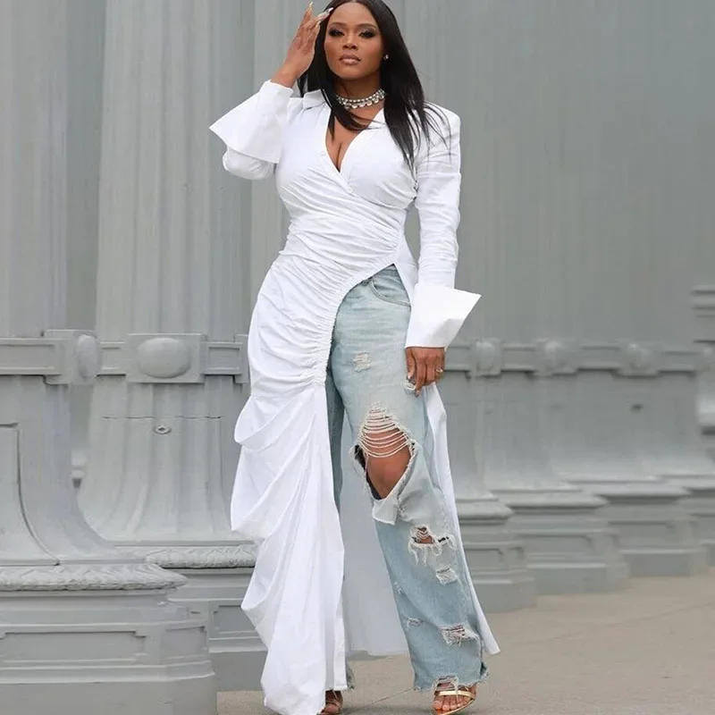Sexy High Split Party Maxi Dress for Women Y2K Club Night Asymmetrical  Ruched Long Dresses Streetwear V-neck Shirt Dress Tunic - AliExpress  200000345