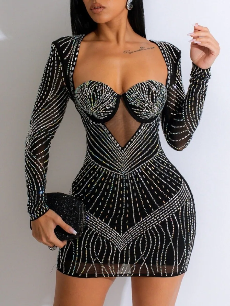 

LW Plus Size party dresses Rhinestone See Through Bodycon Dress Elegant Sexy mini dress Women Luxury Evening Club Dress