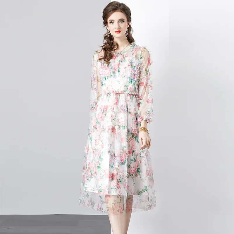 

Шифоновое Многоярусное платье #2380, женское платье с цветочным принтом, Привлекательное платье-трапеция с высокой талией в стиле бохо, Пляжное Платье с разрезом и оборками