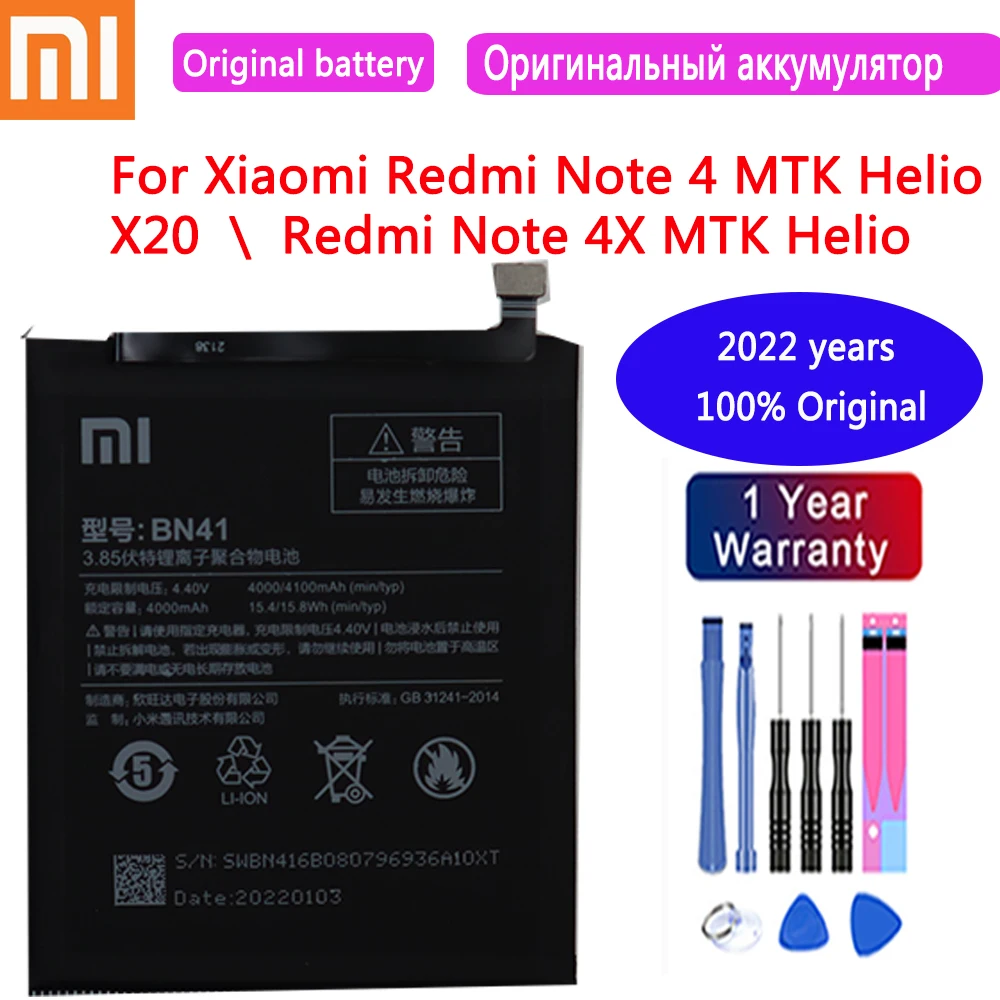 

2022 Years BN41 4100mAh Original Battery for Xiaomi Redmi Note 4 MTK Helio X20 Redmi Note 4X MTK Helio X20 Replacement Battery