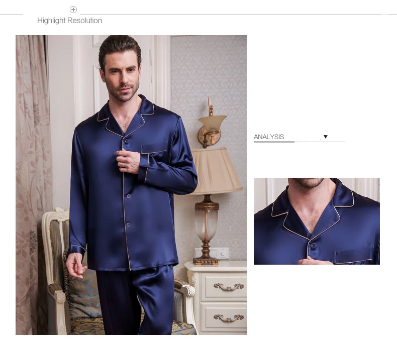 Genuine Silk Pajamas Male Spring Summer Long-Sleeve Pants Two-Piece Pyjama Sets 100% Silkworm Silk Men's Sleepwear mens pyjama tops