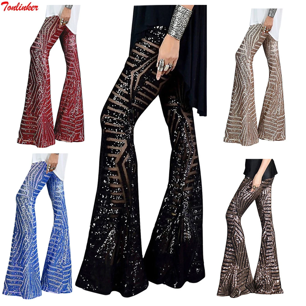 Fashion Sequin Wide Leg Pants Black  Apricot Brown Red Blue Korean Style Women Trousers High Waist Loose Mopping Long Pants