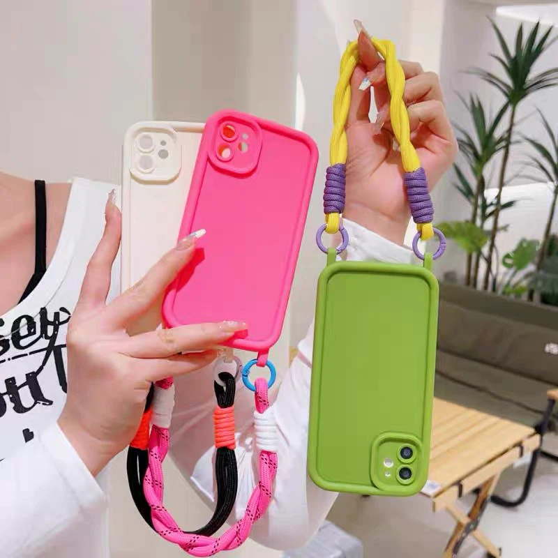 Fashion Candy Color Double Lanyard Bracelet Soft Phone Case For iPhone 16 15 14 13 12 11 Pro Max 14 15 Plus X XR XS Max 7 8 Plus_voghion.com