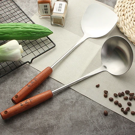 Set De 5 Ustensiles De Cuisine En Acier Inoxydable 304 - Louche, Cuillère à Riz, Passoire, Spatules - Manches En Bois