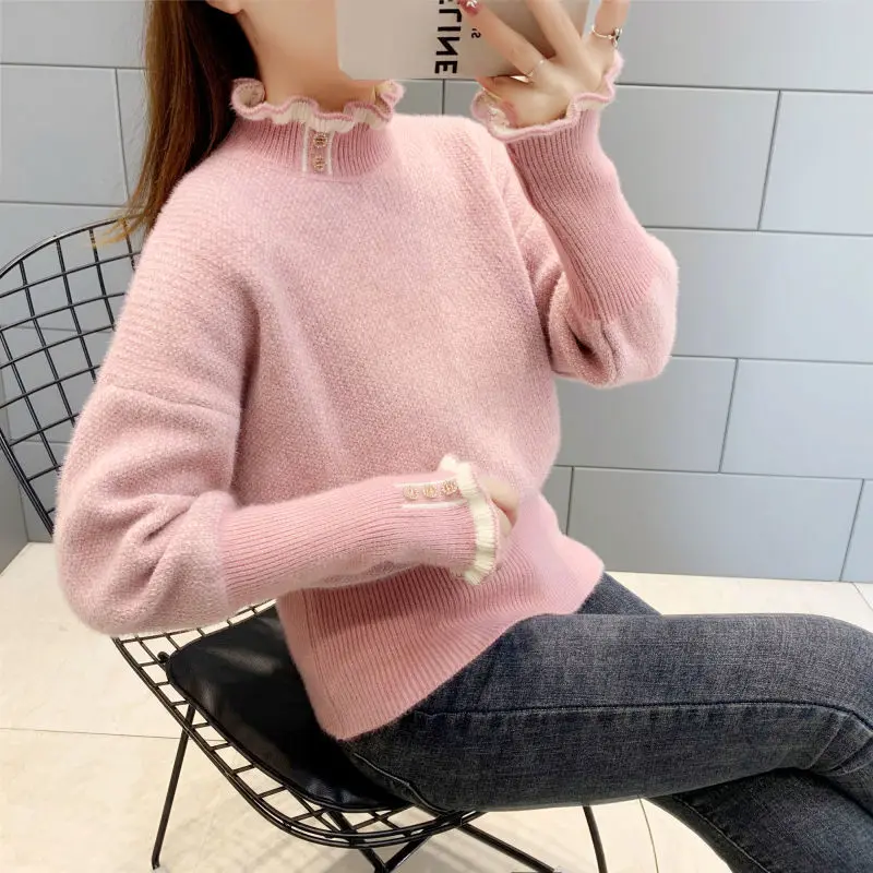 

Pink Flocking Fur Furry Plush Spring Pullover O-Collar Warm Sweater Women's Sweaters Women Girl Pull Slim Top Cloth Outer Coat
