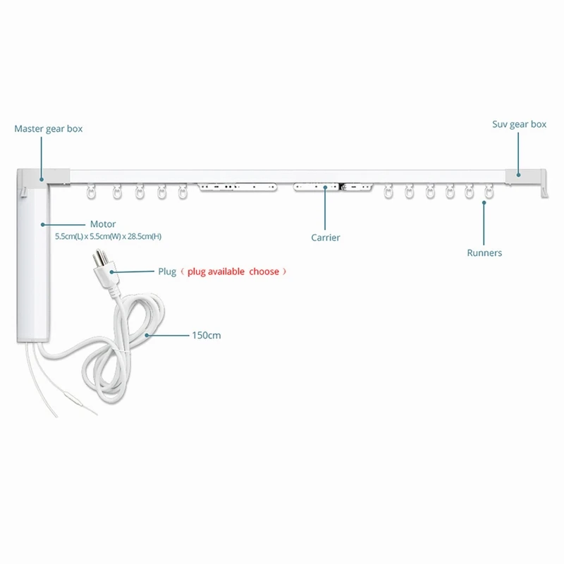 HOMCOM Automatic Curtain Opener with Remote, Alexa, Google Home Voice, WiFi App Control, Up to 180 in, 97x2x2, White