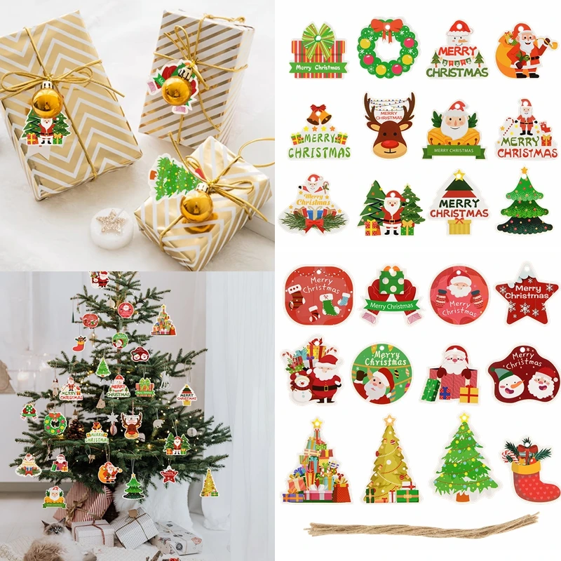 

12pcs Merry Christmas Paper Tags Santa Claus Xmas Tree Hanging Label Navidad New Year Party DIY Gift Wrapping Card Decorations