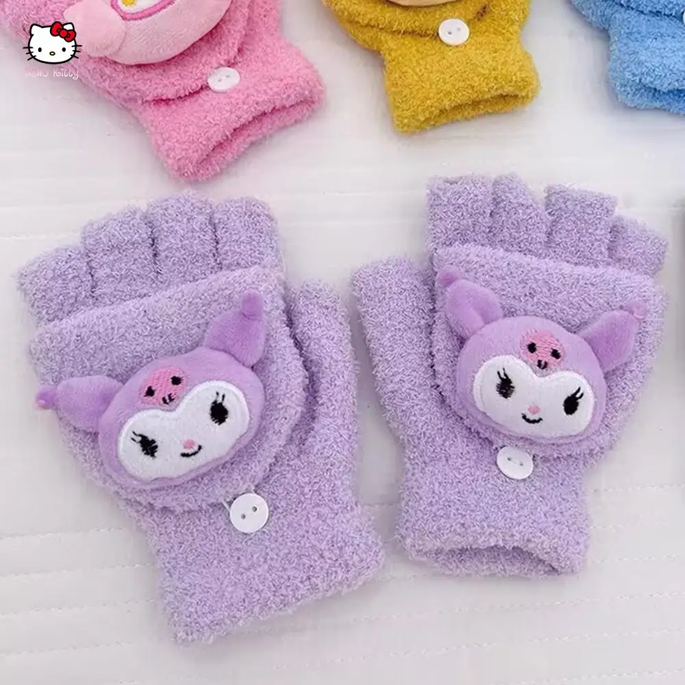 Cinnamoroll Anime Sanrio Kuromi Plush Flip Warm Outdoor Cold Proof Cover Gloves Exposed Fingers Mobile Touch Screen Gloves 5-16Y