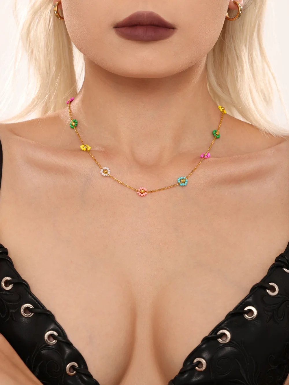 Bunte Glasperlen Blumenförmiger Anhänger Halskette Damen Edelstahl Vergoldetes Armband Set Mädchen Niedlicher Charm Schmuck Geschenk – Detail 2