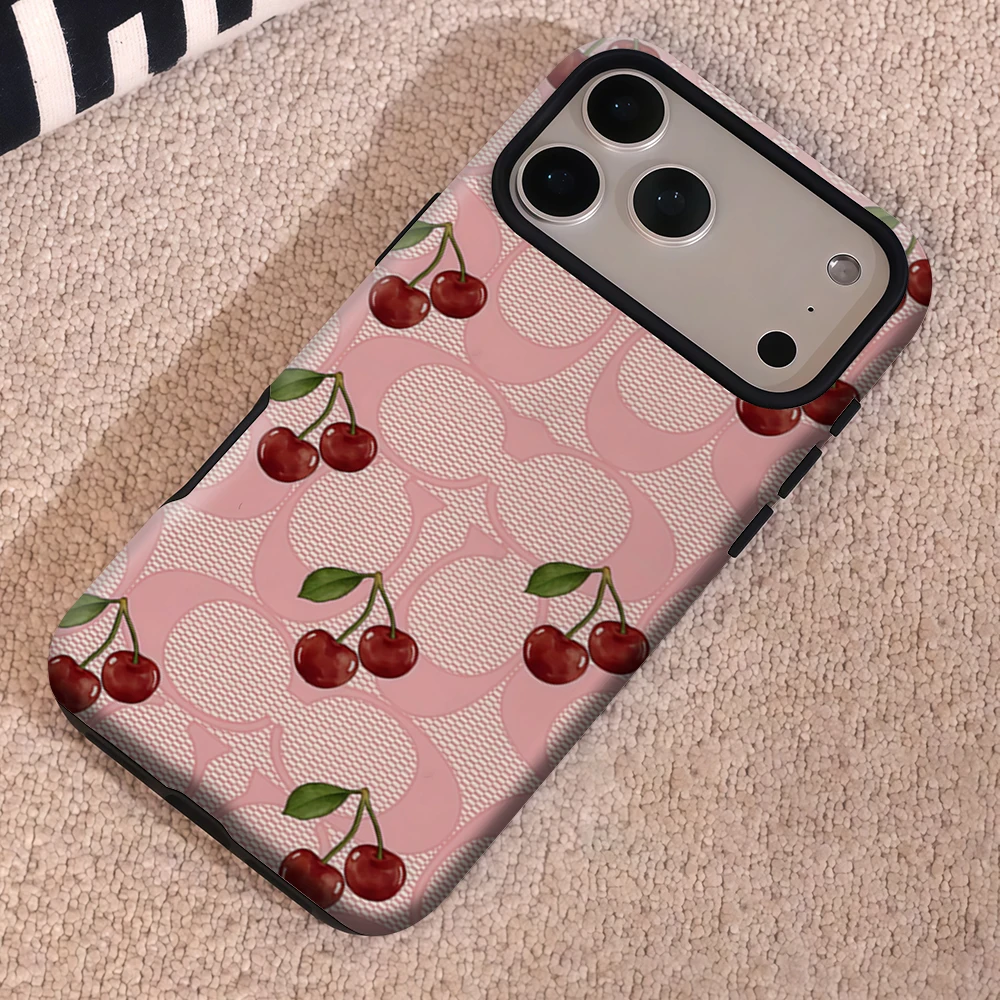 Fashionable Pink Mesh Cherry Phone Case for iPhone 17 16e 16 15 14 13 12 11 7 8 Air Pro Max Plus Luxury Double-layer Back Cover