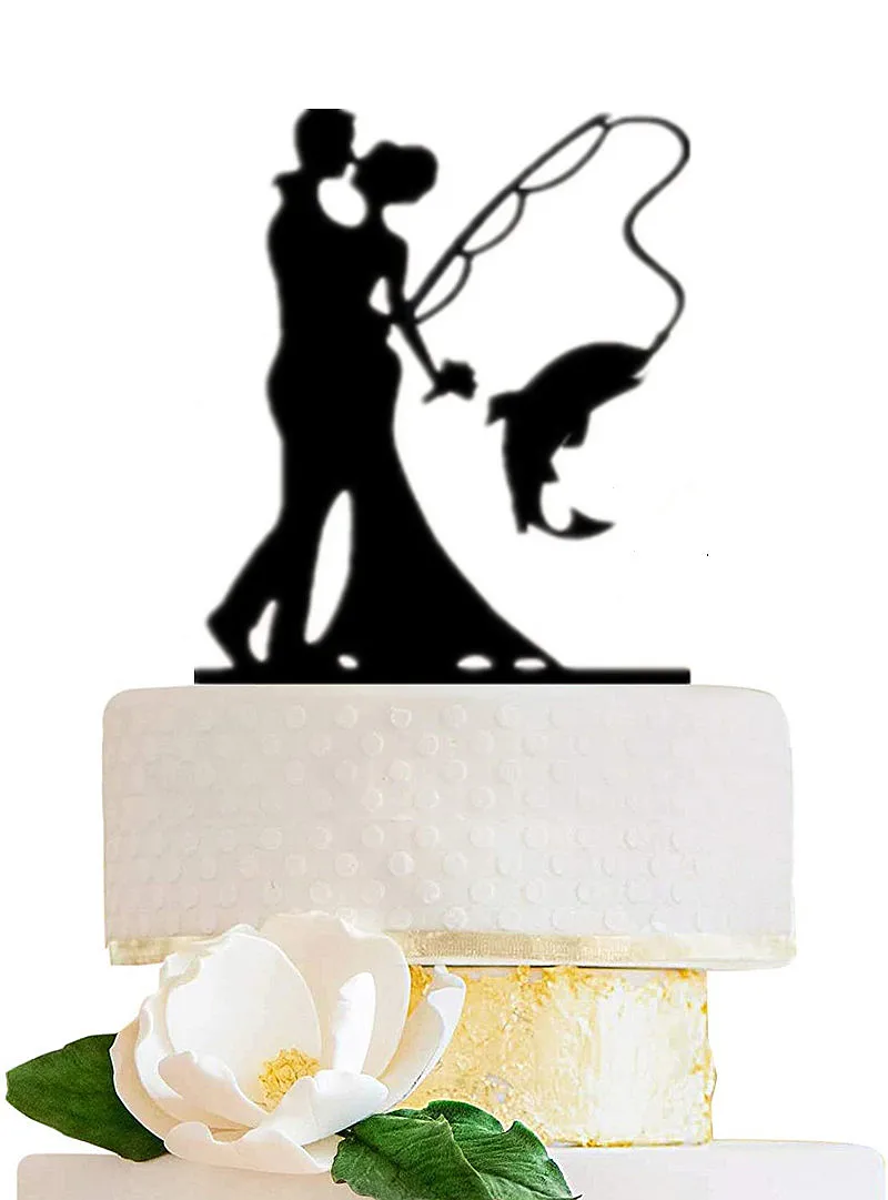 Fishing Wedding Cake Topper - Bride and Groom Embrace with MR