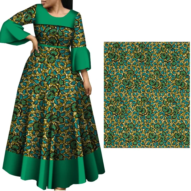 Ankara African Polyester Prints Green Flower Batik Patchwork Fabric Real Cloth Wax High Quality Africa Sewing Material 6yards