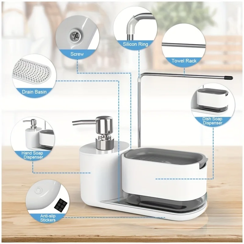 Multi-Functional Hand and Dish Soap Dispenser Set 5-in-1 Organizer Dual Soap Dispensers Sponge and Dishcloth Holders Tray soap dispenser soap dispenser bottle foaming soap dispenser