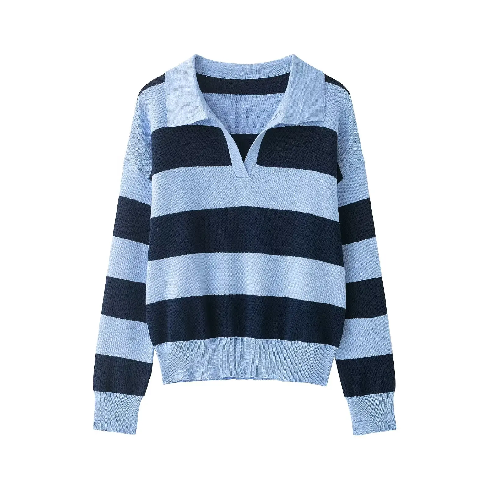 Women Striped Knitted Sweaters Lady Spring Autumn High Street Chic V-Collar Pullover Female Full Sleeve Vintage Style Polo Tops