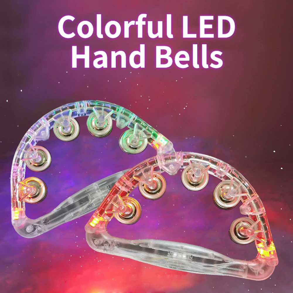 Colorful LED Hand Bells Double Row Handheld Tambourine Metal Jingles with 3 Lighting Modes Switchable Hand Held Plastic Musical