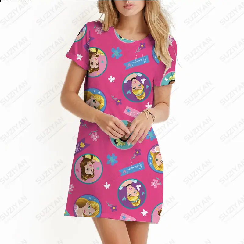 2023Fashion SpringSummer Women's Disneyland Princess Mickey Mouse Print Beach Skirt Women's Round Neck Short Sleeve A-line Skirt