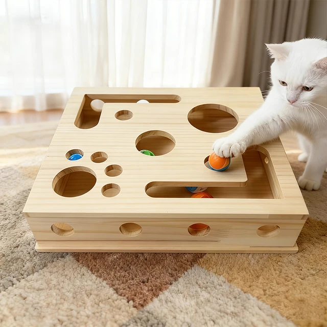Wooden Cat Nail File Enrichment Box Scratching Smart Toy Box for Indoor Cats Stress-Free Alternative to Nail Clippers with Balls 4