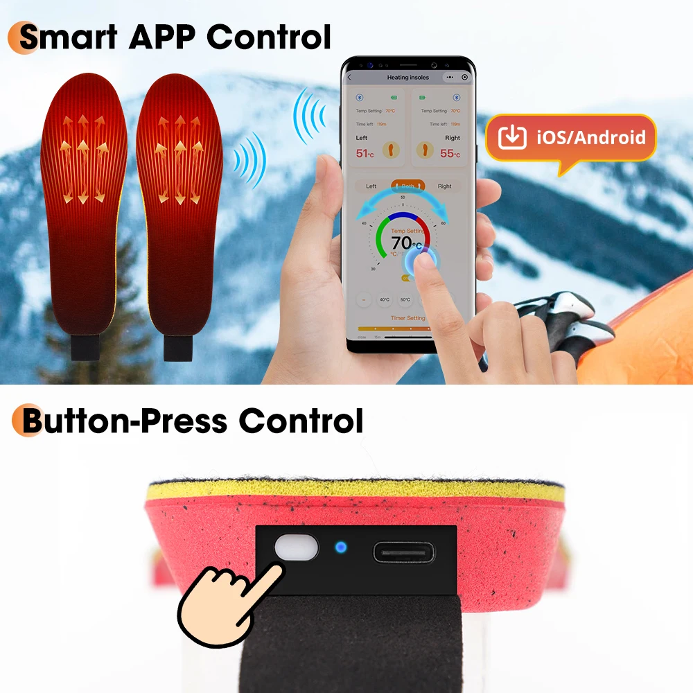 Smart APP Control Heated Insoles Electric Foot Warming Pad Winter Camping Outdoor Ski Adjustable Temperature Heating Shoe Pads