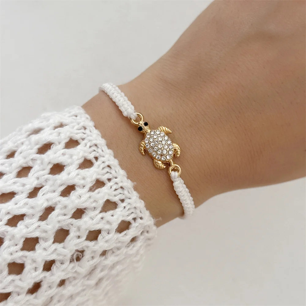Fashion Rhinestone Gold Color Sea Turtle Bracelets For Women Multicolor Hand Knitting Rope Chains Bracelet Summer Jewelry Gifts