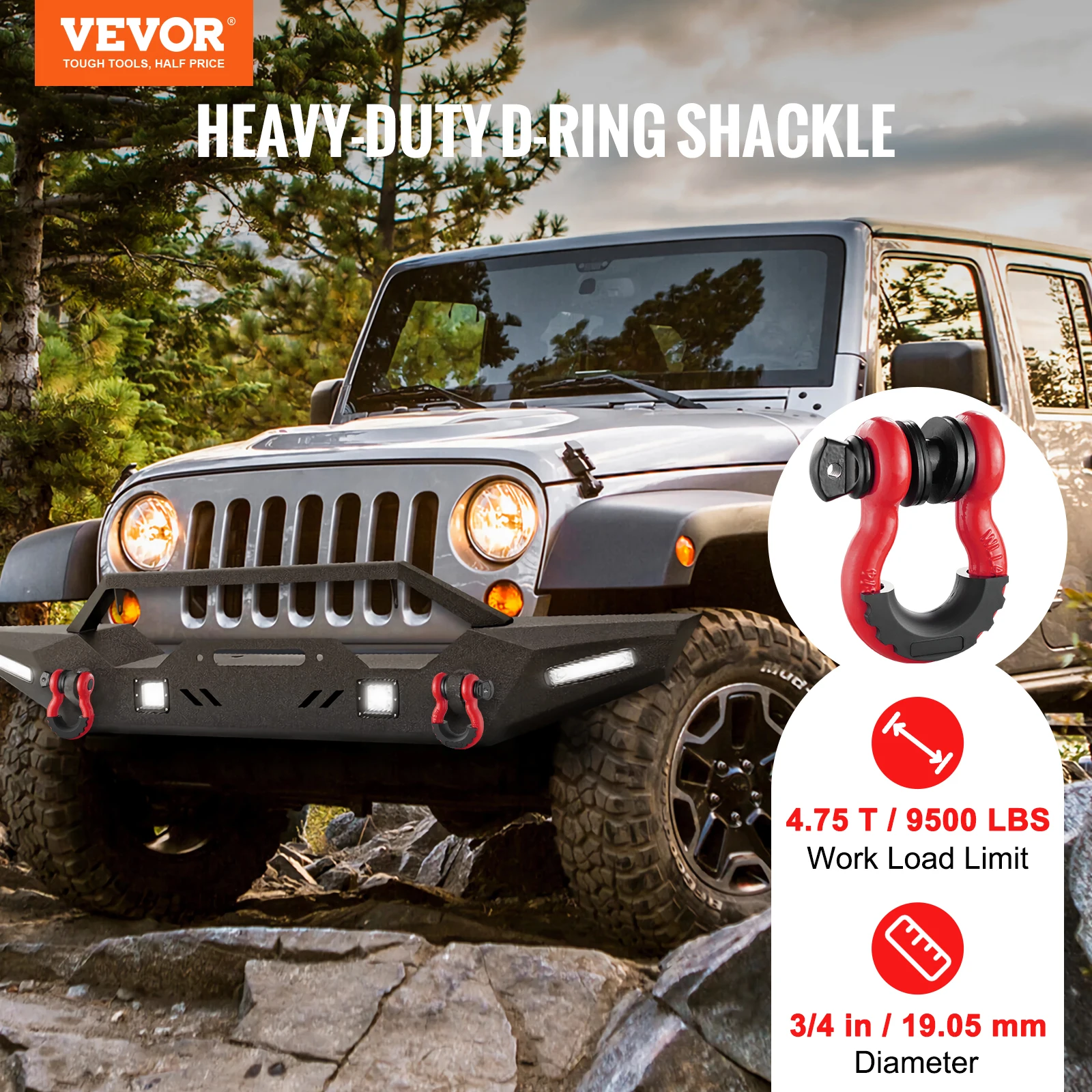 3/4" D-Ring Shackle d ring shackle 2Pcs 62832lbs Break Strength For Jeep Off-Road Vehicle Recovery