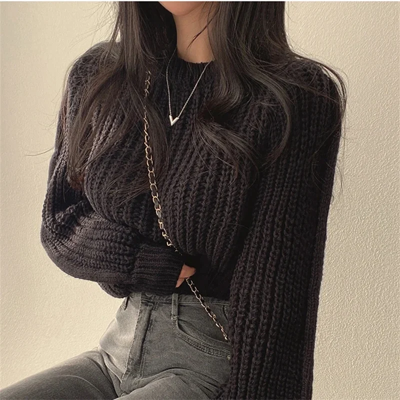 Loose Vintage Harajuku Lantern Long Sleeve Women Sweater Korean Autumn Winter Knitwear Soft Warm Tops Chic Solid Femme Sweater 5