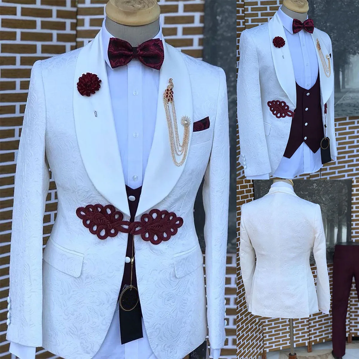 

Jacquard Men Suit 3 Pieces Business Blazer Burgundy Vest Pants Chinese Knot Wedding Groom Work Wear Party Causal Tailored