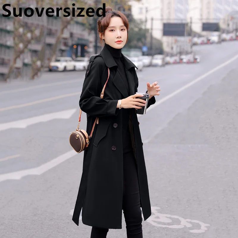 

Spring Fall Women's Mid-length Windbreaker New Korean Chic Streetwear Overcoats Loose Casual Double-breasted Long Trench Coat