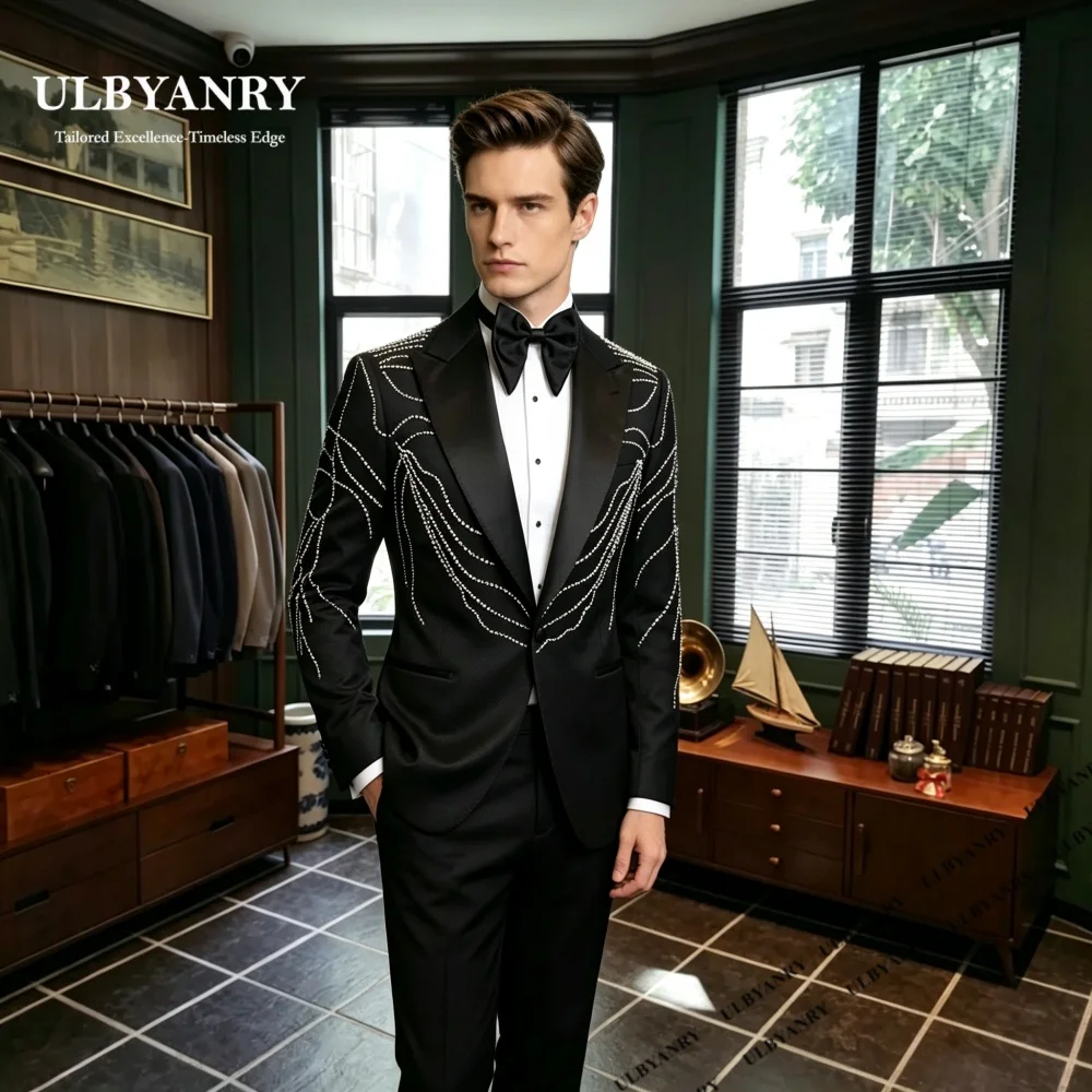 남성용 우아한 장식 수트 세트 트렌디 싱글 버튼 정장 투피스 수트 (자켓 팬츠) XXS-7XL 맞춤 블레이저 바지