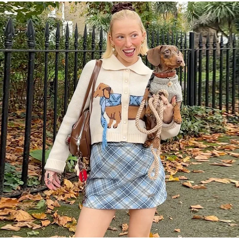 Casual Knitted Printed Dog Cardigan Women Vintage Cute Lapel Single Breasted Short Sweaters Female Autumn Chic Street Knitwear