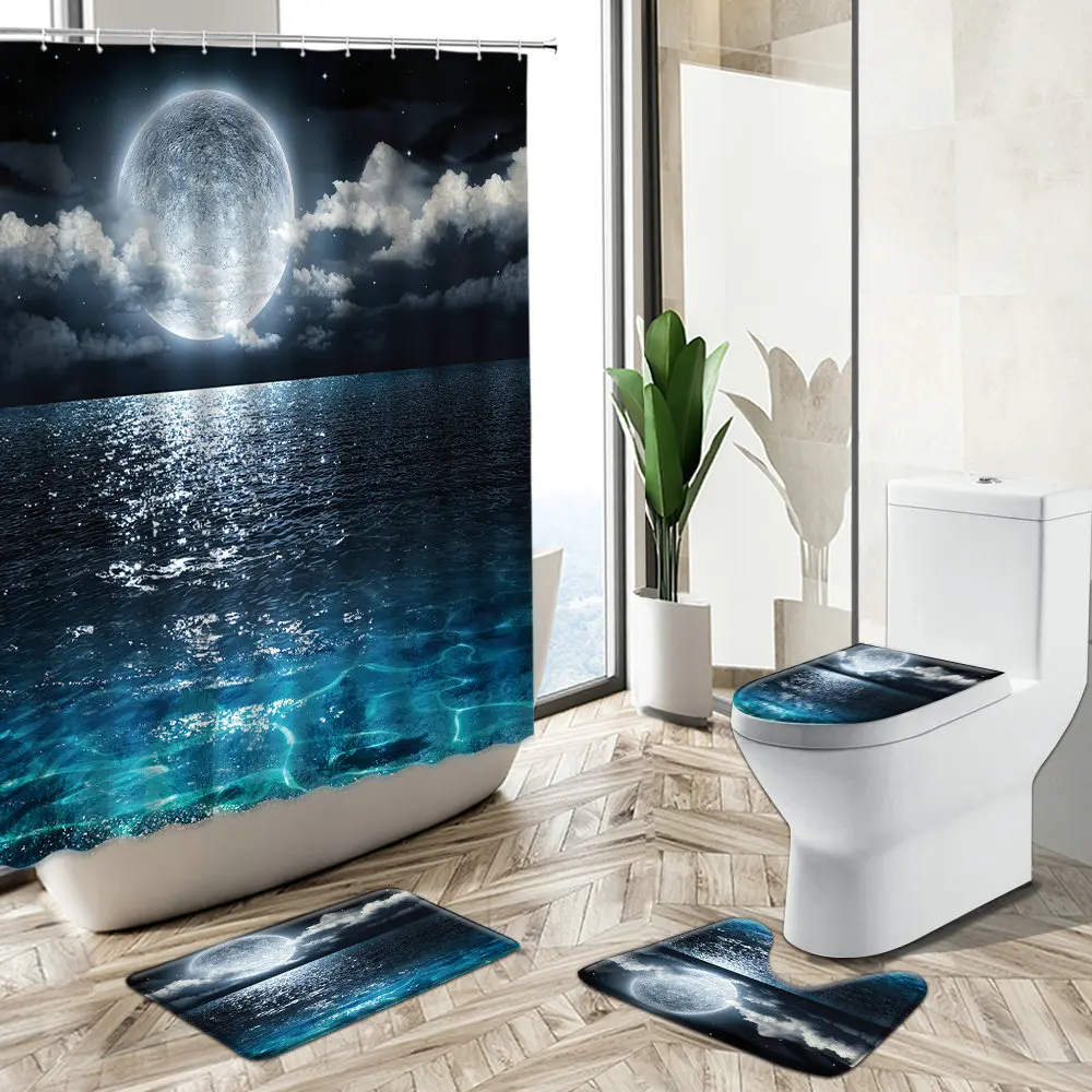 

Moonlight Waterproof Shower Curtain Sets with Rugs Sea Scenery Bath Rug and Mats with 12 Hooks Toilet Seat Cover Bathroom Decor