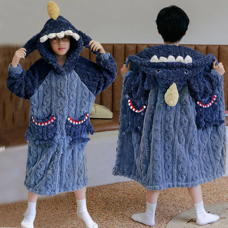 Long Sleeve Hooded Children's Bathrobe Cartoon Shark Kids Robe Lovely Animal Boy Bath Robe Winter Warm Thicken Girls Bathrobe