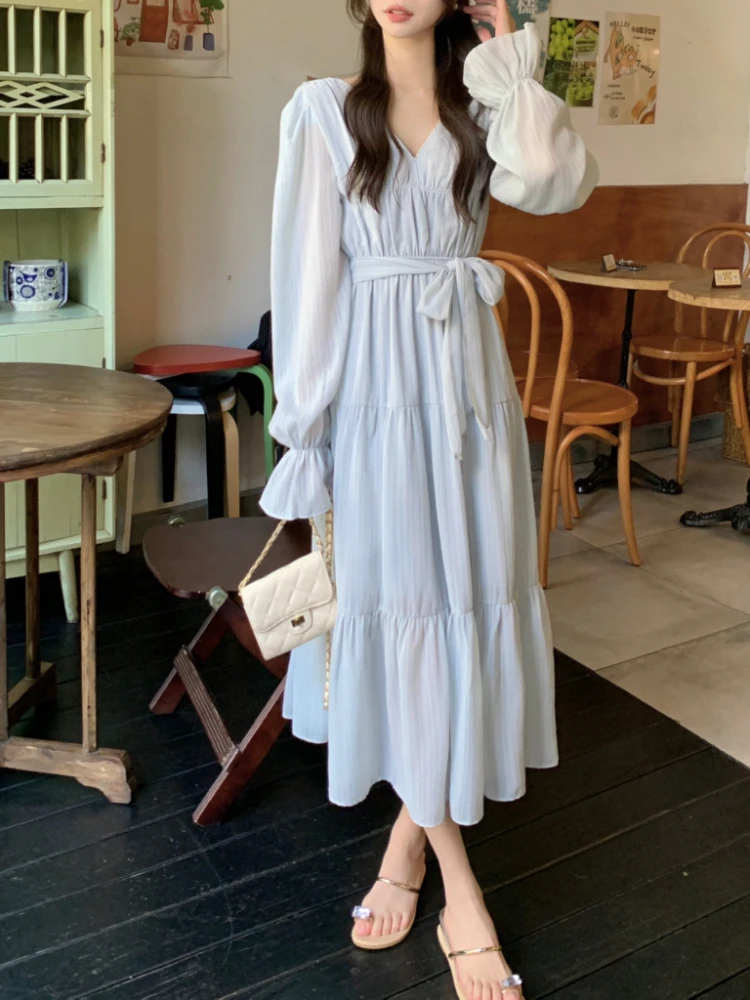 Elegant Autumn Midi Dresses for Women V-neck Flare Sleeves A-line Solid Korean Fashion Casual French Vintage Vestidos Mujer New