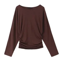 2026 new women's clothing style simple long sleeved round neck long sleeved slim fit side pleated T-shirt - Image 2