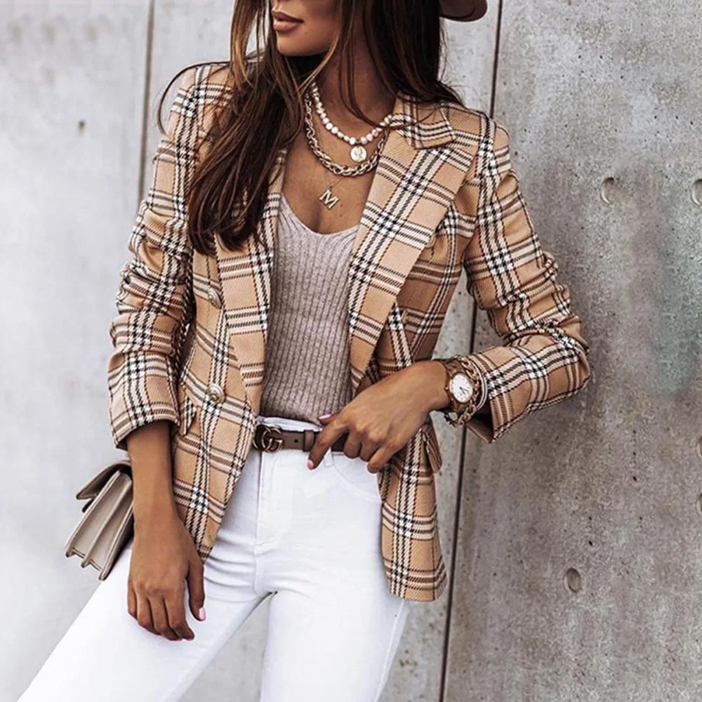 Plaid Blazer Jacket Women Spring Autumn Long Sleeve Casual Slim Thin Blazers Khaki Woman Coats 2021 Elegant Office Suit Coat Za