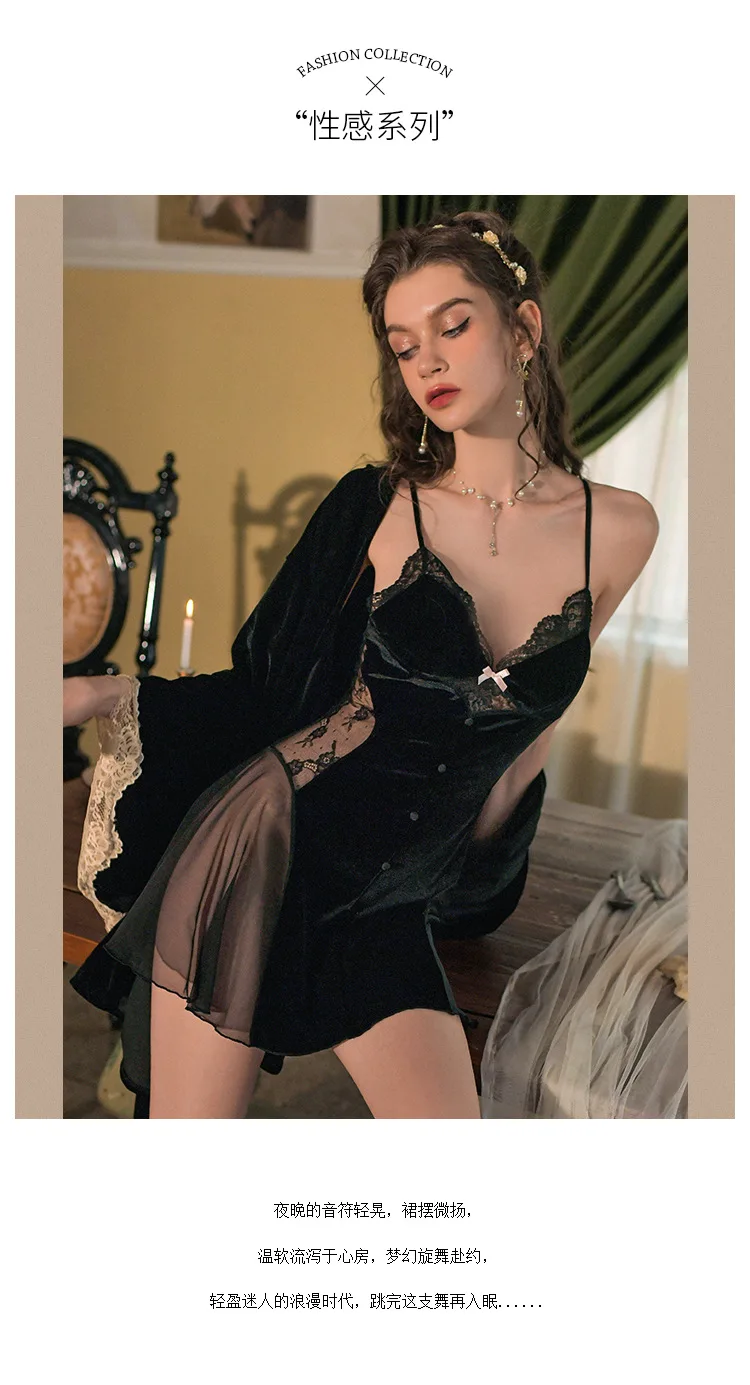 Sexy Spitze Gold Samt Nachtwäsche für Frauen neue Herbst Winter Robe Set weibliche Nachthemd zweiteiligen Bademantel warme Kleidung zu Hause – Detail 2
