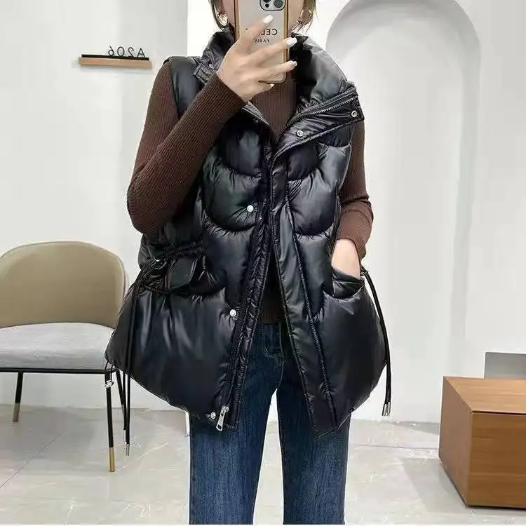 

Women Fashion New 2023 Stand Collar Elegant Down Coats Warm Outerwear Casual Belt SleevelessWomen Vests Pockets Hot Selling H03