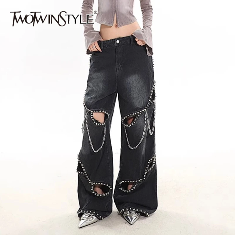 

TWOTWINSTYLE Hollow Out Patchwork Chain Denim Pant For Women High Waist Rivet Zipper Streetwear Wide Leg Jeans Female Fashion