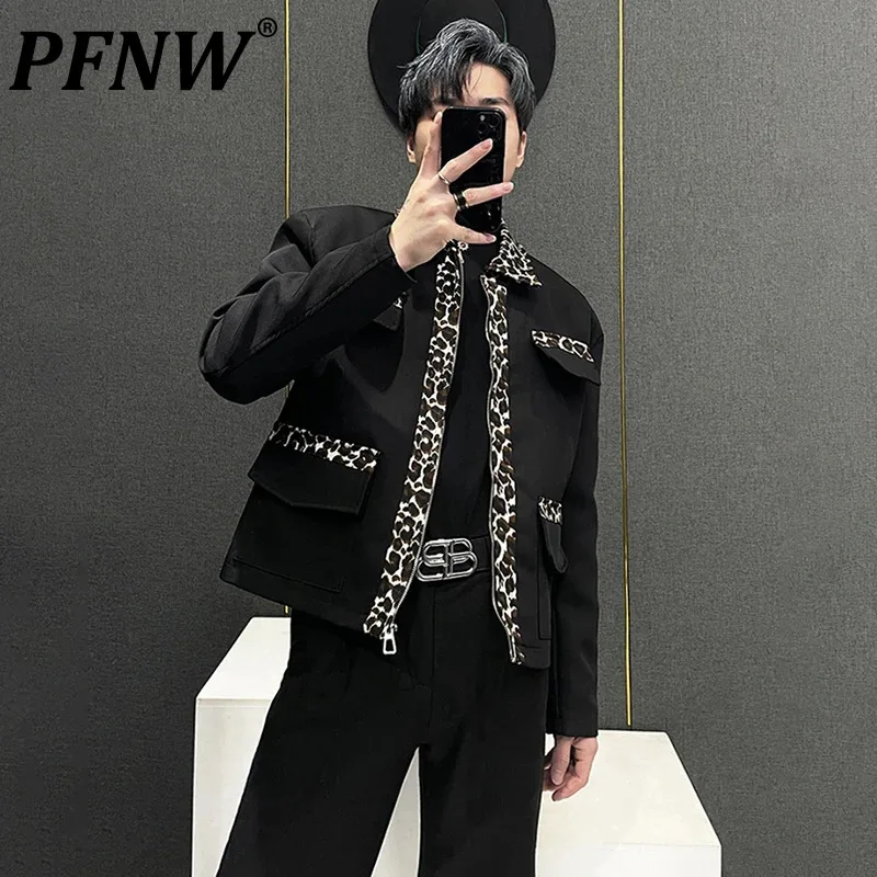 

PFNW Leopard Patchwork Men's Jackets Shoulder Pad Korean Fashion Male Coats Niche Design Koraen Fahsion Tops 2023 Autumn 28W1953