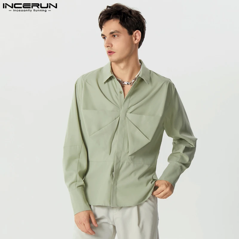 

INCERUN Men Shirts Solid Color Lapel Long Sleeve Button Pleated Casual Men Clothing Streetwear 2023 Fashion Leisure Camisa S-5XL