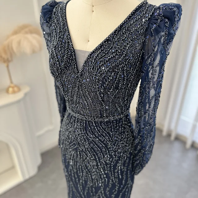 Navy Blue Mermaid Evening Dress for Women Wedding Elegant Emerald Green Long Sleeves Arabic Formal Party Gowns SCZ108 4